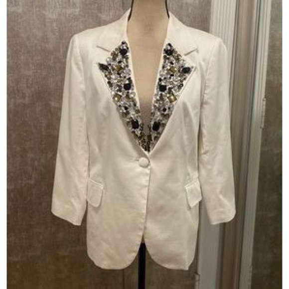 Diane Gemax White Cream Stretch Blazer Jacket W/ Gem Rhines Embellished Lapel L
